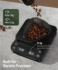 Barista Grade Coffee Scale With Timer 3Kg Capacity 0.1g Precision showing coffee beans on top, built for Barista Precision.