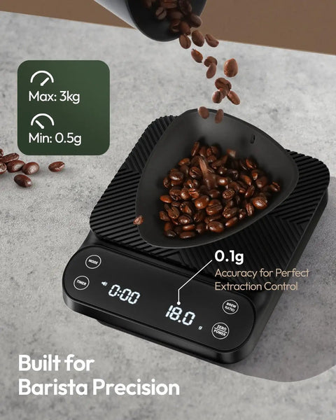 Barista Grade Coffee Scale With Timer 3Kg Capacity 0.1g Precision showing coffee beans on top, built for Barista Precision.