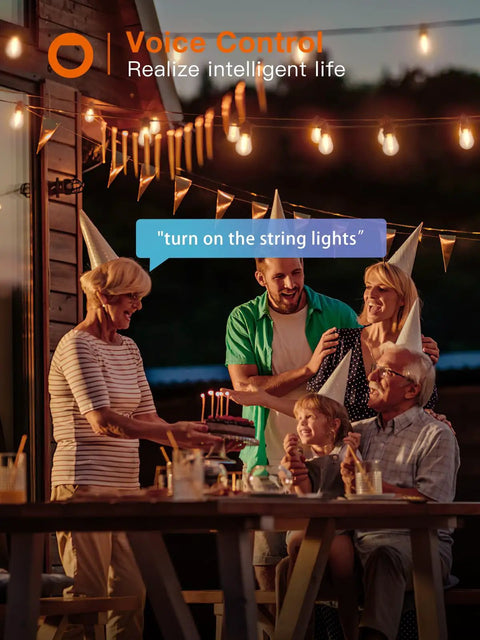 Family enjoying evening party under 96ft Smart Outdoor String Lights With Remote And App Control Dimmable Patio Lit Vibe Lights.