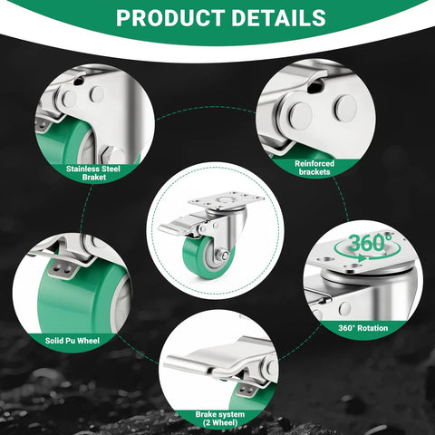 Hassle Free Heavy Duty Stainless Steel Caster Wheels Two Inch Set Of Four Rustproof Anticorrosion showcasing wheels with stainless steel brakes.