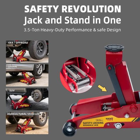 Beefy 3.5 Ton Safety Floor Jack With Auto Locking Stand In One 2 In 1 Hydraulic Jack for Cars SUVs Trucks with close-up and setup views