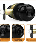 Matte Black Interior Door Knob Set With Round Ball Privacy Handle for Bedroom and Bathroom, ANSI Grade 3, brass cylinder.