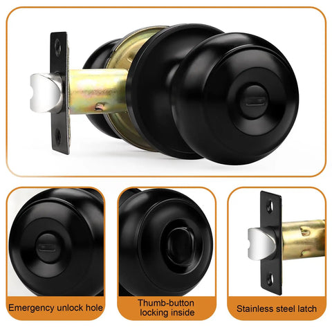 Matte Black Interior Door Knob Set With Round Ball Privacy Handle for Bedroom and Bathroom, ANSI Grade 3, brass cylinder.