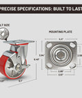 Five Inch Heavy Duty Caster Wheel Set With Four Industrial Grade Swivel Plates Featuring Top Lock Brakes For Moving Shop Toolboxes And Workbench Gear Straight Up Smooth specifications showing bolt size and mounting plate dimensions.