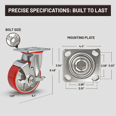 Five Inch Heavy Duty Caster Wheel Set With Four Industrial Grade Swivel Plates Featuring Top Lock Brakes For Moving Shop Toolboxes And Workbench Gear Straight Up Smooth specifications showing bolt size and mounting plate dimensions.