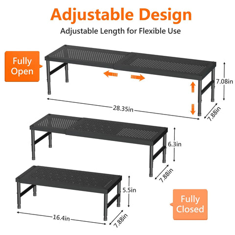 Hella Adjustable And Stackable Kitchen Cabinet Organizer, adjustable metal pantry shelf shown fully open and closed with dimensions.