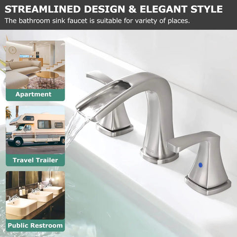 Two Handle Waterfall Widespread Bathroom Faucet In Brushed Nickel With Metal Pop Up Drain And cUPC Supply Lines Doris Model Ideal Vanity Upgrade For 6 To 12 Inch Center Distances