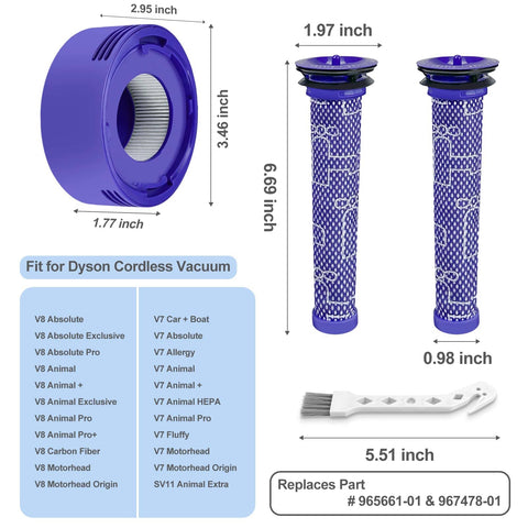4 Pack Replacement Vacuum Filter Kit For V7 Animal And V8 Absolute Cordless Vacuums Includes 2 Pre Filters And 2 Post Filters Replaces 96566101 And 96747801 Designed For V7 V8 Models, showing dimensions and compatibility list.