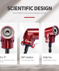 Close-up of 105 Degree Right Angle Drill Attachment Set with 1/4 inch hex shank, showcasing 360-degree rotation feature and design details.