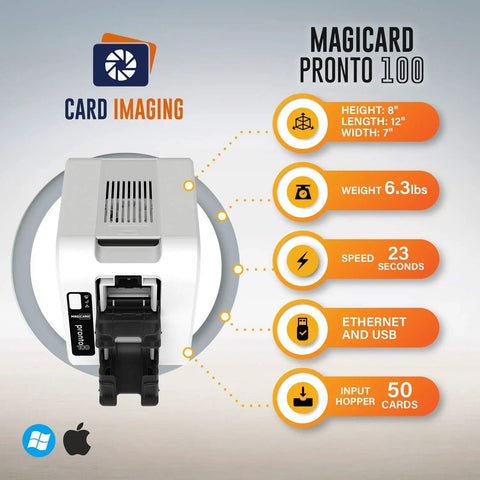 Single Side ID Card Printer Bundle With Ribbon 100 PVC Cards Card Imaging Software Web Camera Free Tech Support Front And Back Printing Ready By Reinsert Easy Setup Card Maker Kit showing dimensions and features.