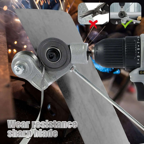 Close-up of Electric Drill Plate Cutter Shear Pro Attachment For Sheet Metal Cutting with sparks flying, highlight on tool install.