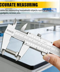 Vernier Caliper Measuring Tool 0-6 Inches 0-150mm Stainless Steel, Handy Pro Grade Precision 0.001 Inch and 0.02 Millimeter Dual Imperial Metric Scale, Outside Inside Depth Step Measurements for DIY Woodworking and Metalworking. Stainless steel caliper measuring a bolt