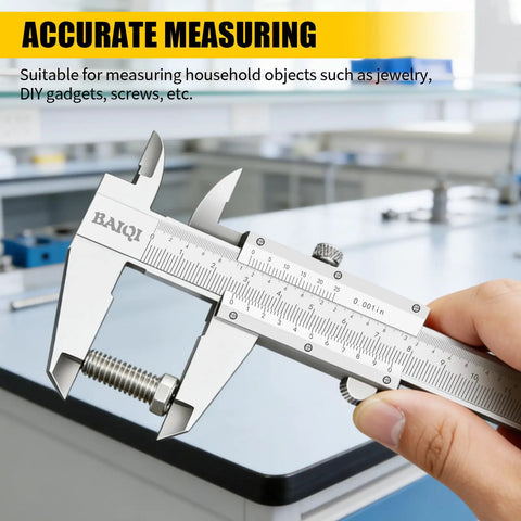Vernier Caliper Measuring Tool 0-6 Inches 0-150mm Stainless Steel, Handy Pro Grade Precision 0.001 Inch and 0.02 Millimeter Dual Imperial Metric Scale, Outside Inside Depth Step Measurements for DIY Woodworking and Metalworking. Stainless steel caliper measuring a bolt