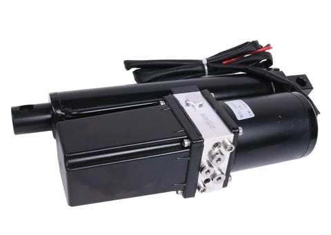 Side view of 12V DC electric hydraulic linear actuator with 8-inch stroke, black housing and silver valve block.