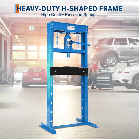 Heavy Duty 20 Ton H-Frame Hydraulic Shop Press with adjustable worktable in a garage setting, industrial strength steel frame.