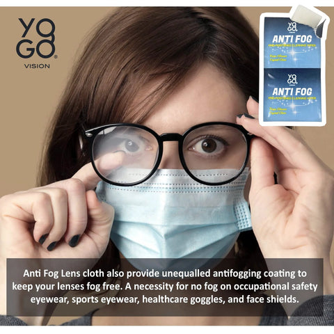 Anti-fog lens wipes, two blue sachets, 200-pack by YoGo Vision for eyeglasses.