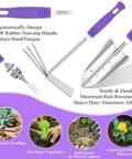 Purple Garden Tool Set For Women 11-Piece Heavy Duty Gardening Kit with ergonomic tools and non-slip handles shown in detail.