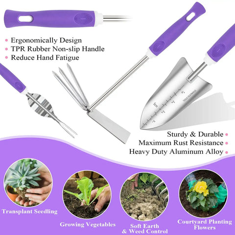 Purple Garden Tool Set For Women 11-Piece Heavy Duty Gardening Kit with ergonomic tools and non-slip handles shown in detail.