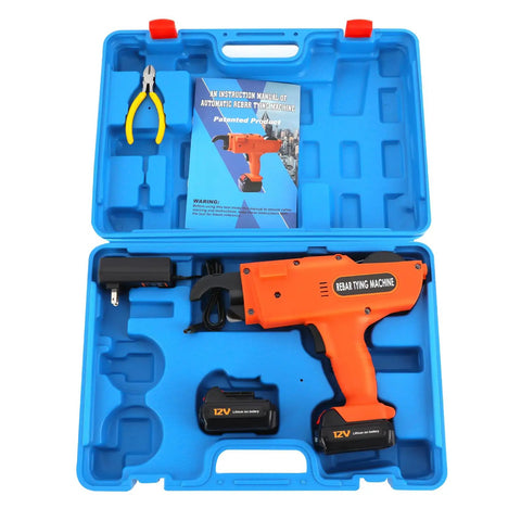 Heavy Duty Automatic Rebar Tying Machine For Construction Sites Fast Electric Handheld Steel Bar Tool With Cordless Battery Power, kit with batteries and manual.