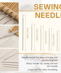 37 Piece Big Eye Steel Sewing Needles Kit With Threader Thimble And Seam Ripper For Beginner Crafters Travel And Clothing Repair Includes 25 Big Eye Needles In 5 Sizes 5 Colorful Threads And Storage Box, showing needle sizes and storage.