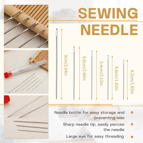 37 Piece Big Eye Steel Sewing Needles Kit With Threader Thimble And Seam Ripper For Beginner Crafters Travel And Clothing Repair Includes 25 Big Eye Needles In 5 Sizes 5 Colorful Threads And Storage Box, showing needle sizes and storage.