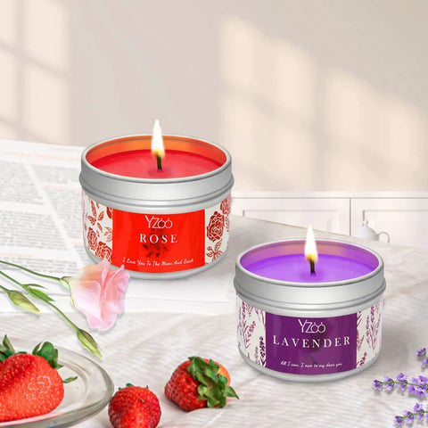Lit rose and lavender scented candles in tins from Beginner Friendly Candle Making Kit for Adults With Soy Wax 480g Wax Melter Fragrance Oils