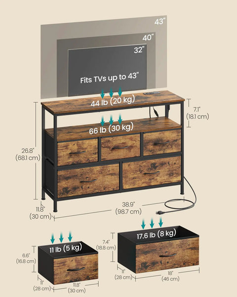 App Controlled Led Dresser With Charging Station And Five Drawer Chest Tv Stand Industrial Rustic Brown Ink Black Bedroom Furniture For Your Major Bedroom Glow Up dimensions and details
