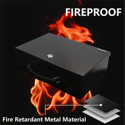 Fireproof Lock Safe Box For Documents And Valuables With A Beefy Carrying Handle, Steel Security Safe For Cash Jewelry Money And Personal Items, 0.38 Cu Ft Capacity, 13.2 W X 11 D X 4.5 H, Black against flames