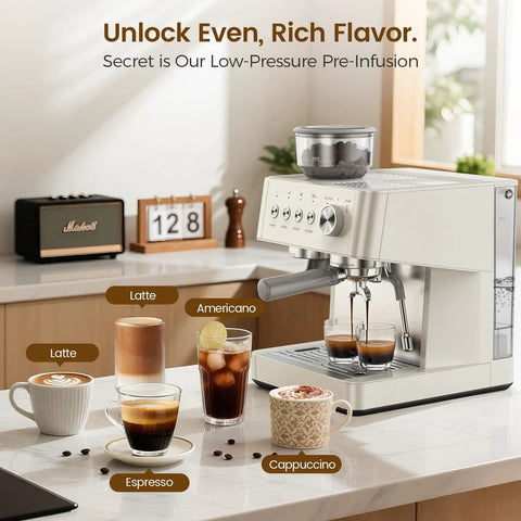 2026 Upgrade 15 Bar Espresso Machine With Grinder And Milk Frother Steam Wand For Home Use on kitchen counter with drinks