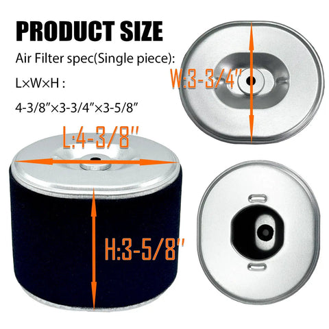 Diagram of Honda Air Filter For GX340 GX390 11HP and 13HP Engines Replacement showing dimensions of 4-3/8x3-3/4x3-5/8 inches