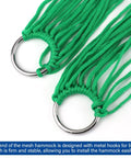 Durable Nylon Hanging Hammock For Outdoor Camping And Chill Lightweight Yet Strong Sleeping Net Bed Easy Quick Setup High Strength Rope Hammock Green Color showing metal hooks and green material details