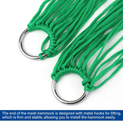 Durable Nylon Hanging Hammock For Outdoor Camping And Chill Lightweight Yet Strong Sleeping Net Bed Easy Quick Setup High Strength Rope Hammock Green Color showing metal hooks and green material details