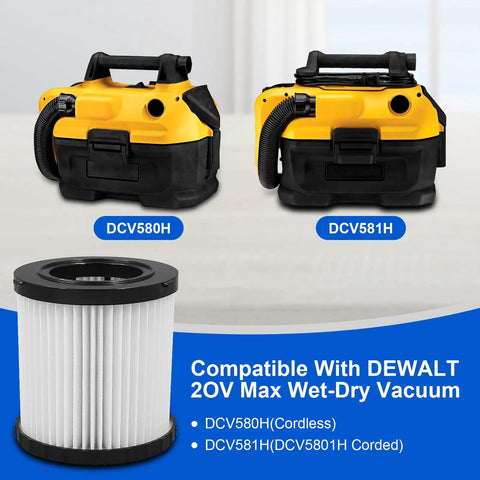 Pro Grade Washable Vacuum Filter Set Four Pack For 20V Dry And Wet Vacuums DCV580H DCV581H shown with vacuum models