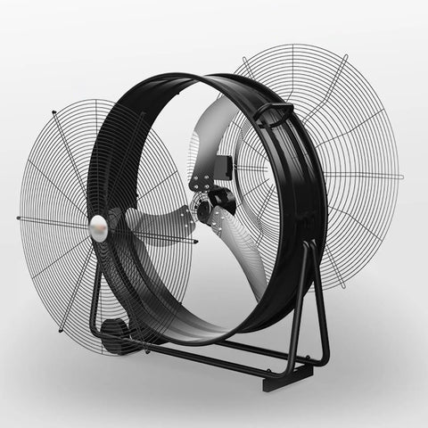 Straight Up Heavy Duty 48 Inch Electric Floor Fan Serving Silent Industrial Power And Smooth Tilting Adjustments For Kickin Commercial Cooling Airflow Indoors Or Outdoors showing black frame and aluminum blades.