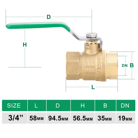 Image of Two Pack Three Quarter Inch NPT Full Port Ball Valve Lead Free Brass Drinking Water Shut Off Valve Durable Chrome Plated Handle UPC NSF Certified, shown with dimensions in millimeters for home plumbing.