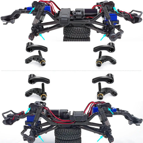 Aluminum RC Crawler Shocks With Flex Blades For One Eighteenth Scale TRX4M Upgrade Adjustable Suspension Mount close-up view.