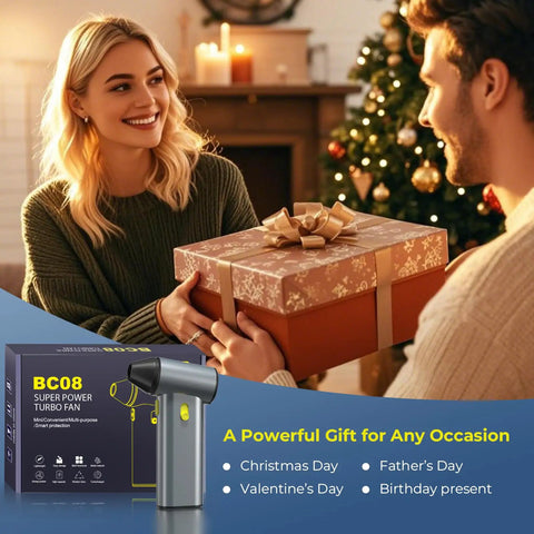 Couple exchanging gifts with Powerful 130000 RPM Turbo Brushless Air Duster with Aluminum Alloy Body and Fast Charging for home use