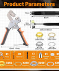Heavy Duty Grommet Kit Three Eighths Inch 10mm Eyelets And Grommets Set with 500 gold eyelets, plier and install tools displayed