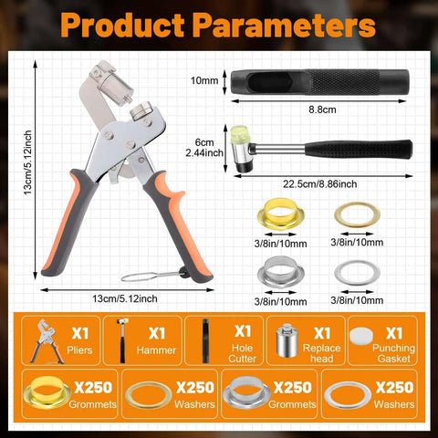 Heavy Duty Grommet Kit Three Eighths Inch 10mm Eyelets And Grommets Set with 500 gold eyelets, plier and install tools displayed