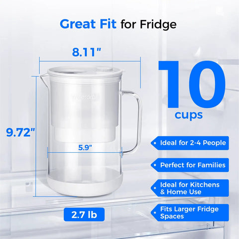 10 Cup Large Glass Water Filter Pitcher Dope Clean Design Eco Friendly BPA Free White That Removes Chlorine PFOA PFOS Cadmium Copper Mercury With NSF ANSI 53 42 And 372 Certified Filtration And Easy To Clean, dimensions and benefits displayed