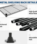 Heavy Duty Six Tier Metal Wire Shelving Rack With Rust Resistant Carbon Steel Frame features thickened poles and adjustable feet.