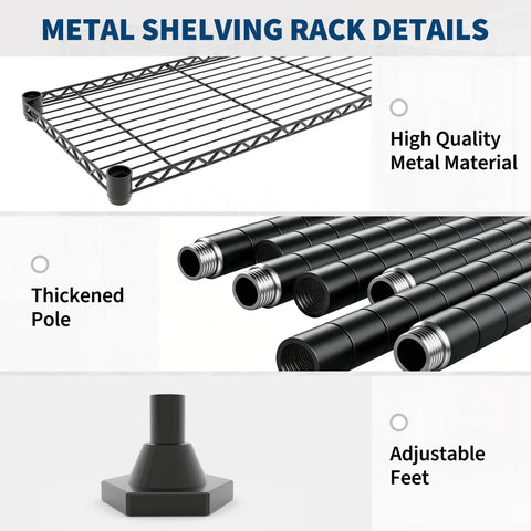 Heavy Duty Six Tier Metal Wire Shelving Rack With Rust Resistant Carbon Steel Frame features thickened poles and adjustable feet.