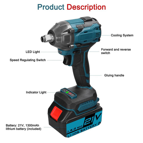 Vislone 21V Brushless Electric Impact Wrench High Torque Cordless Power Tool With Variable Speed Forward Reverse Switch LED Light For Professional Auto Repair Garage Projects Durable Long Lasting Performance Rustic Vibes