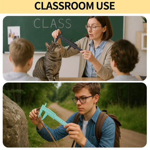 Teacher and students with Plastic Vernier Caliper 150mm Mini Caliper With Dual Inch And Millimeter Scale indoors and outdoors