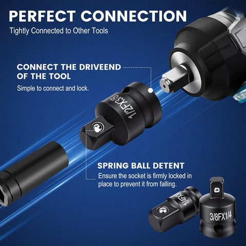 10 Piece Socket Adapter Set For One Quarter Three Eighths One Half Inch Drives With Reducers Universal Joints And Drill Adapters CrMo Steel Built Tough Heavy Duty Impact Gear For Auto Repair And DIY Projects. 3/8F to 1/4M adapter on drill