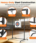 Adjustable Archery Target Stand For 30 Inch Bags And Foam Targets, indoor setting with steel frame and carabiner hooks