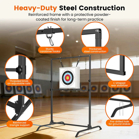 Adjustable Archery Target Stand For 30 Inch Bags And Foam Targets, indoor setting with steel frame and carabiner hooks