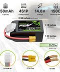 14.8V 150C 850mAh 4S LiPo Battery With XT30 Plug For RC Cars, Drones, And Boats, high-drain power, labeled dimensions