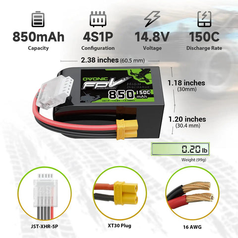 14.8V 150C 850mAh 4S LiPo Battery With XT30 Plug For RC Cars, Drones, And Boats, high-drain power, labeled dimensions