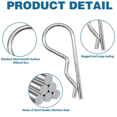 Product detail showing 8Pcs Spring Locking Pin Set For Riding Lawn Tractors Beefy Cotter Hitch Clips, stainless steel qualities.